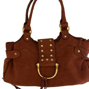 Madison&Max cognac faux suede bag with brass colored loop and rivets